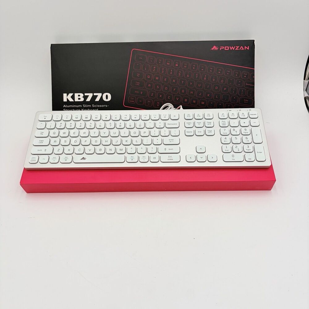 POWZAN KB770 LED Backlit Wired Keyboard Full Size Aluminum USB White